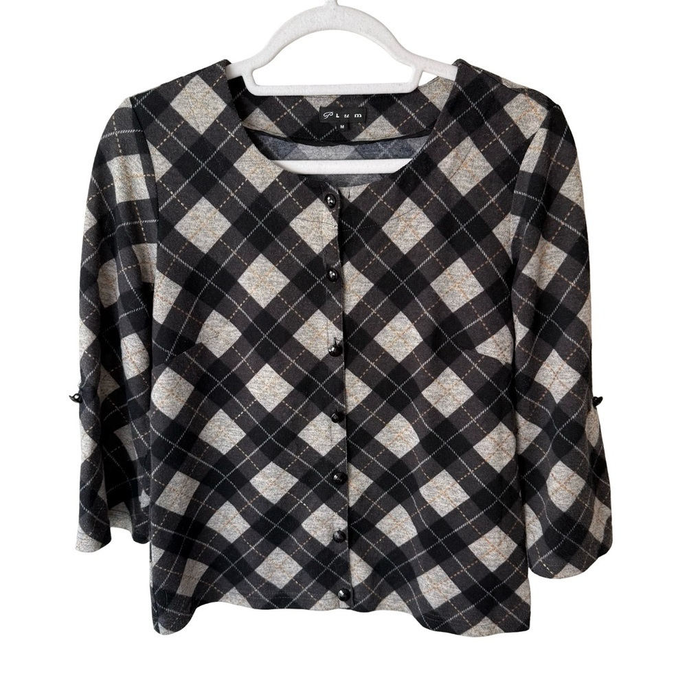 Plum Black and White Checkered Button Down Shirt Size M Preppy Minimalist